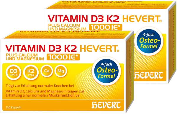 Vitamin D3 K2 Hevert plus Calcium und Magnesium 1000 I.E. 2 x 120 Kapseln