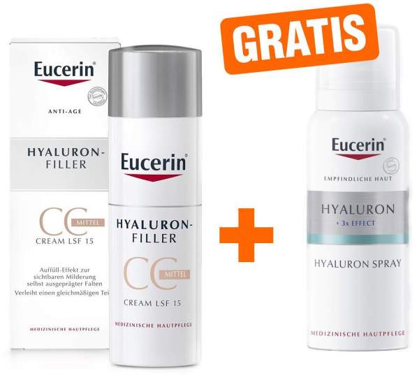 Eucerin Anti Age Hyaluron Filler CC Cream mittel 50 ml Creme + gratis Anti Age Hyaluron Spray 50 ml