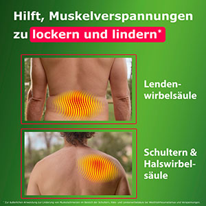 Rote Wärmewellen visualisieren die Linderung von Schmerzen im Bereich der Schulter, Hals- und Lendenwirbelsäule.