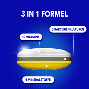 Bion3 Tablette mit 3-in-1 Formel, die 12 Vitamine, 3 Bakterienkulturen und 7 Mineralstoffe enthält.