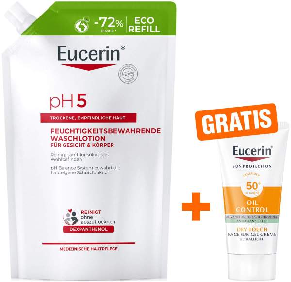 Eucerin pH5 Waschlotion 750 ml Nachfüllbeutel + gratis Eucerin Sun Gelcreme Oil Control 20 ml