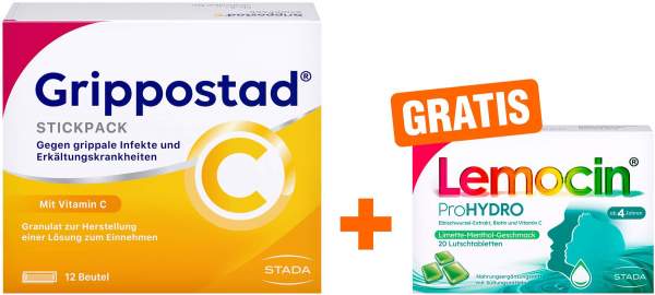 Grippostad C Stickpack Granulat 12 Beutel + gratis Lemocin ProHydro 20 Lutschtabletten