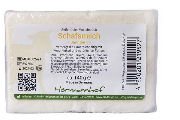 Seifenfreies Waschstück Schafsmilch Sanddorn 140g