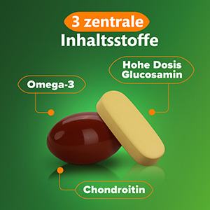 Eine Kapsel und eine Tablette werden gezeigt sowie die drei zentralen Inhaltsstoffe: Hohe Dosis Glucosamin, Chondroitin und Omega-3.