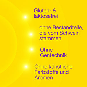 Vigantolvit Vorteile: Gluten- und laktosefrei, ohne Bestandteile, die vom Schwein stammen, ohne Gentechnik, ohne künstliche Farbstoffe und Aromen.