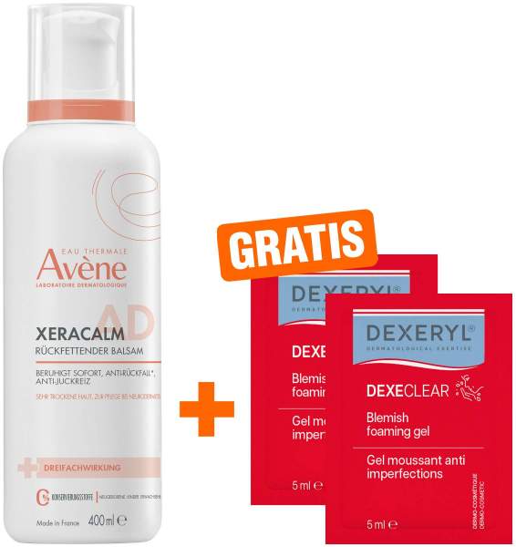 Avene XeraCalm A.D Balsam 400 ml + gratis Dexeryl Dexeclear schäumendes Reinigungsgel 2 x 5 ml