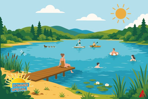 Illustration eines belebten Badesees im Sommer mit Schwimmern, Stand-up-Paddling und einem Holzsteg. Unten links Logo „Sommer Special“.