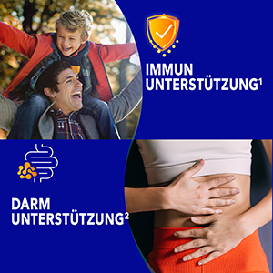 Bion3 Tablette mit Hervorhebung der 3-in-1-Formel: 12 Vitamine, 2 Mineralstoffe und 3 Bakterienkulturen.