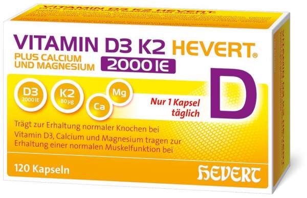 Vitamin D3 K2 Hevert + Calcium und Magnesium 2000IE 120 Kapseln