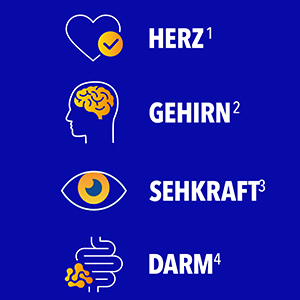 Bion3 Omega-3 Kapsel hervorgehoben mit den Vorteilen von Omega-3, 2 Vitaminen und Bakterienkulturen.