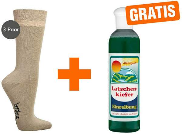 Bambus Wellness-Socken 35-38 Beige 3 Paar + gratis Latschenkiefer Einreibung 250 ml