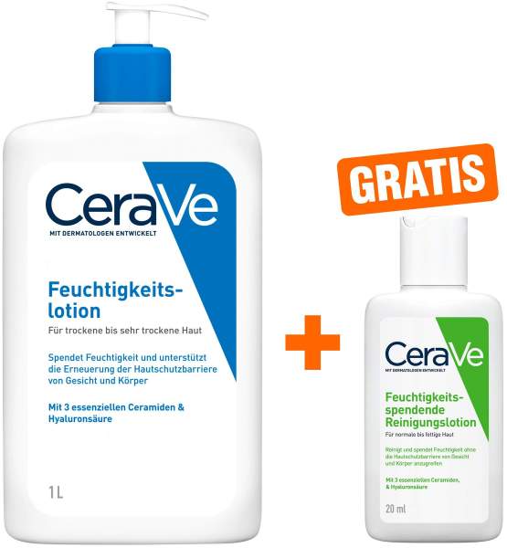 CeraVe Feuchtigkeitslotion 1000 ml + gratis CeraVe feuchtigkeitsspendende Reinigungslotion 20 ml