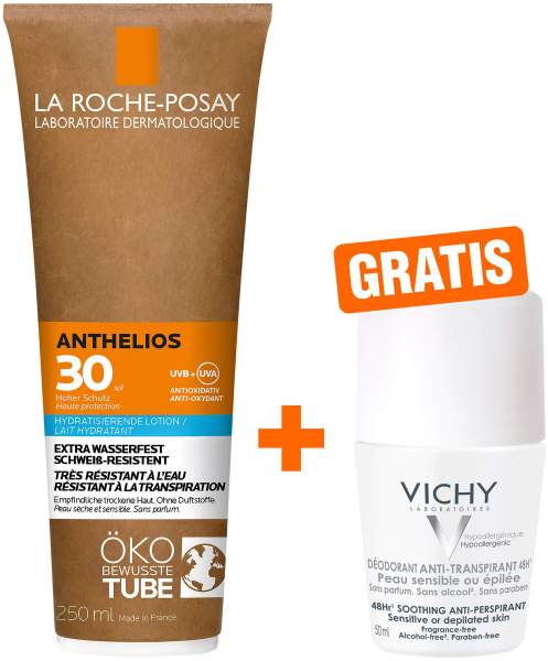 La Roche Posay Anthelios Milch LSF 30 Papp Tube 250 ml + gratis Vichy Deo Roll-on Anti Flecken 48h 50 ml