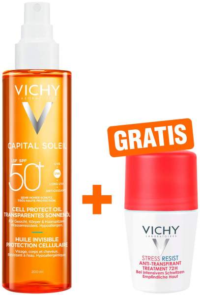 Vichy Capital Soleil Cell Protect Oil LSF 50 200 ml + gratis Vichy Deo Stress Resist 72h 50 ml