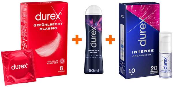 Durex Gefühlsecht Classic 8 Kondome + Perfect Glide Gleitgel 50 ml + Intense Orgasmic Gel 10 ml