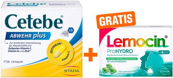 Cetebe Abwehr plus Vitamin C + Vitamin D3 + Zink Kapseln + gratis Lemocin ProHydro 20 Lutschtabletten