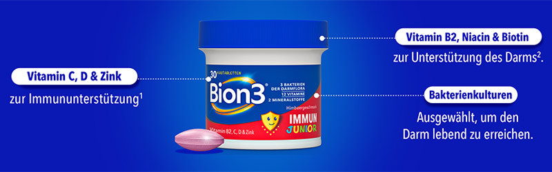 Bion3 Immun Junior Banner, Abbildung der Verpackung, Angaben zu Inhaltsstoffen und Vorteilen
