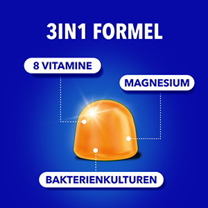 Bion3 Produkt mit 3in1 Formel: Enthält 8 Vitamine, Magnesium und Bakterienkulturen.