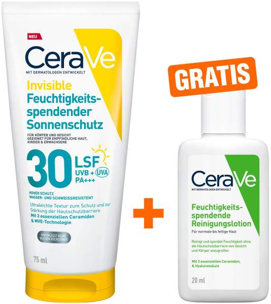 CeraVe Invisible Feuchtigkeitsspendender Sonnenschutz LSF 30 75 ml + gratis CeraVe Reinigungslotion 20 ml