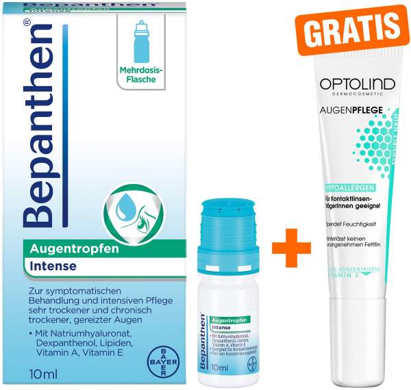 Bepanthen Augentropfen Intense 10 ml + gratis Optolind Empflindl. Haut Augenpflege 15 ml