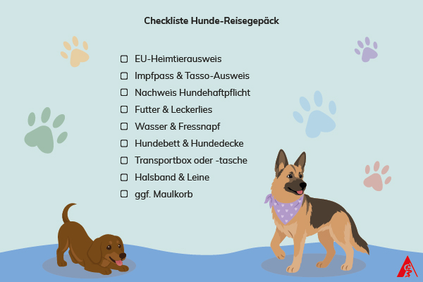 Checkliste: Das muss ins Hunde-Reisegepäck Checkliste mit Produkten, die in das Hunde-Reisegepäck gehören wie EU-Heimtierausweis, Impfpass, Wasser- und Futternapf, Futter, Leckerlies, Halsband und Leine.