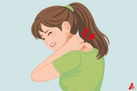 Illustration: Frau leidet unter Nackenschmerzen und fasst sich in den Nacken.