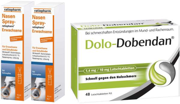 Sparset Erkältung 2 x Nasenspray Ratiopharm für Erwachsene 15 ml + Dolo Dobendan 1,4 mg und 10 mg 48 Stück