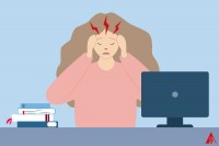 Eine Illustration einer Frau, die erschöpft am Schreibtisch sitzt, sich an den Kopf packt und sich schlecht konzentrieren kann.