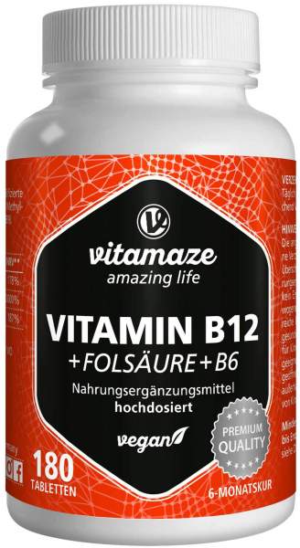 Vitamin B12 1.000 µg Hochdosiert + B9 + B6 Vegan 180 Tabletten