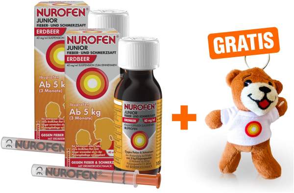 Nurofen Junior Fieber- &amp; Schmerz Saft Erdbeer 40mg pro ml 2 x 100 ml + gratis Nurobär Schlüsselanhänger