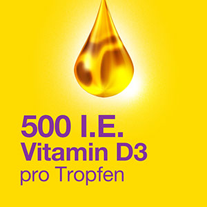Vigantolvit: Eine goldene Öl-Tropfen-Illustration, die den Vorteil von 500 I.E. Vitamin D3 pro Tropfen hervorhebt.