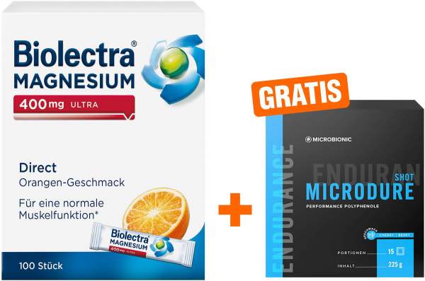 Biolectra Magnesium 400 mg ultra Direct Orange 100 Pellets + gratis Microbionic Microdure Shot 15 Sachets