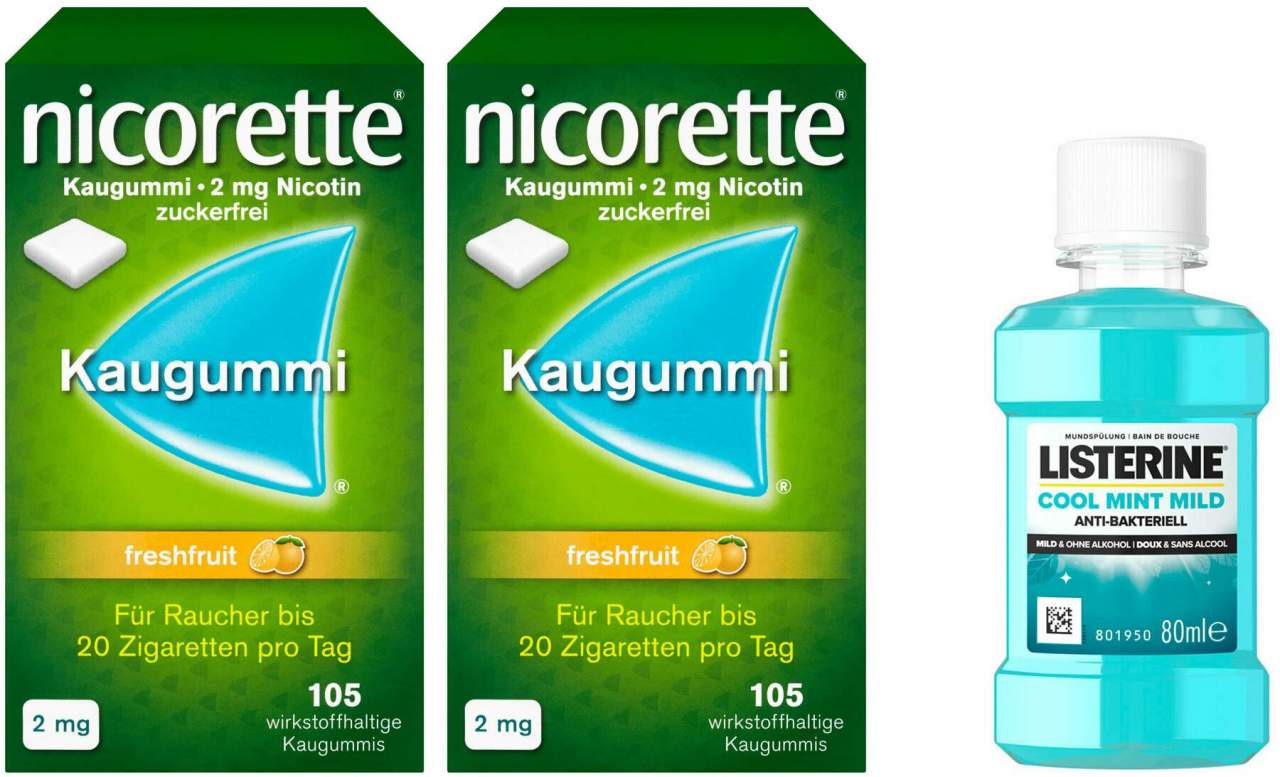 Nicorette 2 mg freshfruit Kaugummi 2 x 105 Stück + gratis Listerine Cool Mint 80 ml
