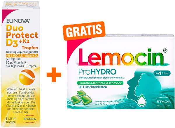 Eunova DuoProtect D3+K2 1000 I.E. 11,5 ml Tropfen + gratis Lemocin ProHydro 20 Lutschtabletten