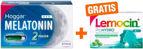 Hoggar Melatonin Duo 30 Kapseln + gratis Lemocin ProHydro 20 Lutschtabletten