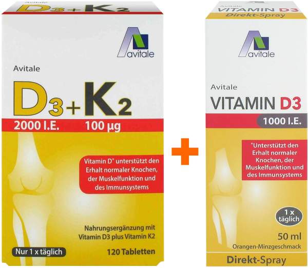 Vitamin D3 + K2 2000 I.E. +100 µg 120 Tabletten Avitale + Vitamin D3 1000 I.E. Spray 50 ml