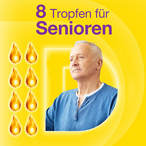 Vigantolvit: 8 Tropfen für Senioren, dargestellt mit einem älteren Mann und Vitamin-D-Tropfen.