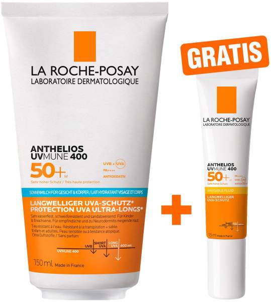 La Roche Posay Anthelios Körper + Gesicht LSF50 150 ml + gratis Anthelios Invisible Fluid UVMune 400 LSF 50+ 15 ml