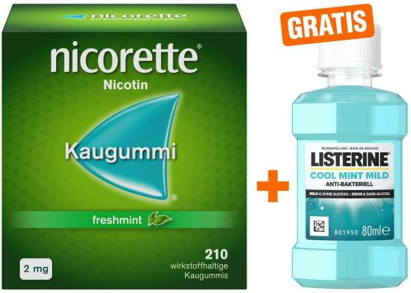 Nicorette 2 mg freshmint Kaugummi 210 Stück + gratis Listerine Mundspülung Cool Mint Mild 80 ml