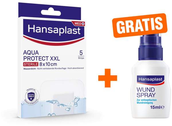 Hansaplast XXL Aqua Protect XXL Pflaster 8 x 10 cm 5 Pflaster + gratis Wundspray zur Wundversorgung 15 ml