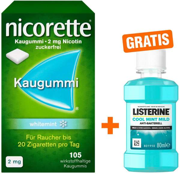Nicorette 2 mg Freshmint Kaugummi 105 Kaugummis + gratis Listerine Cool Mint 80 ml