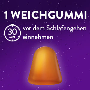 Ein gelbes Melatonin Weichgummi wird gezeigt. Der Text dazu sagt: 30 Minuten vor dem Schlafengehen einnehmen.