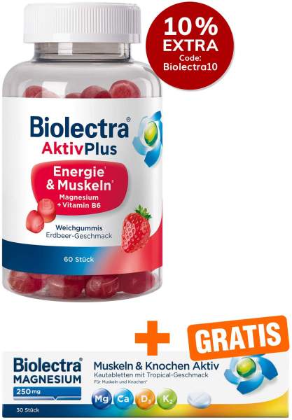 Biolectra AktivPlus Energie &amp; Muskeln Erdbeere 60 Weichgummis + gratis Biolectra Aktiv Magnesium 250 30 Kautabletten