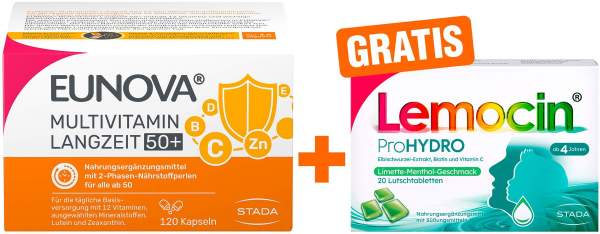 Eunova Langzeit 50+ Kapseln 120 Stück + gratis Lemocin ProHydro 20 Lutschtabletten