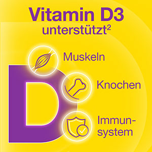 Vigantolvit Vitamin D3 unterstützt Muskeln, Knochen und das Immunsystem, wie durch Symbole und Text visuell hervorgehoben.