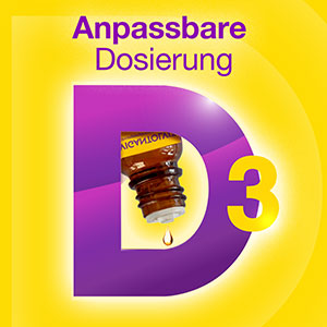 Vigantolvit D3 Tropfen für anpassbare Dosierung, dargestellt im stilisierten Logo.