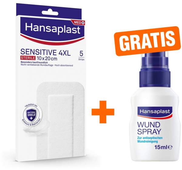 Hansaplast Sensitive 4XL Pflaster 10 x 20 cm 5 Stück + gratis Wundspray zur Wundreinigung 15 ml