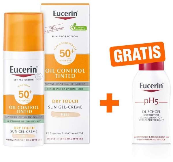 Eucerin Sun Oil Control Face Fluid Getönt (Hell) LSF 50+ 50 ml + gratis pH 5 empfindliche Haut Duschgel 50 ml