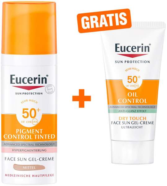Eucerin Sun Pigment Control Face fluid Getönt (Mittel) LSF 50+ 50 ml + gratis Sun Gel-Creme Oil Control 20 ml
