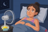 Schweißgebadete, Frau liegt nachts wach im Bett und schaut gestresst und müde auf einen Ventilator auf dem Nachttisch. 
